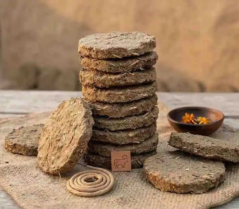 A stack of traditional organic cow dung cakes for fuel and religious rituals on a burlap surface.