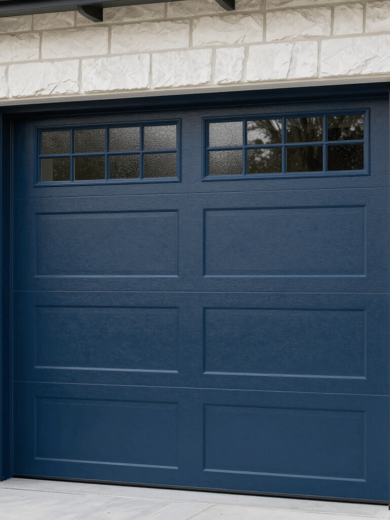A close-up photograph of a brand new, modern dark blue garage door with vertical frosted glass windows, set against a clean off white stone exterior of a North American home.