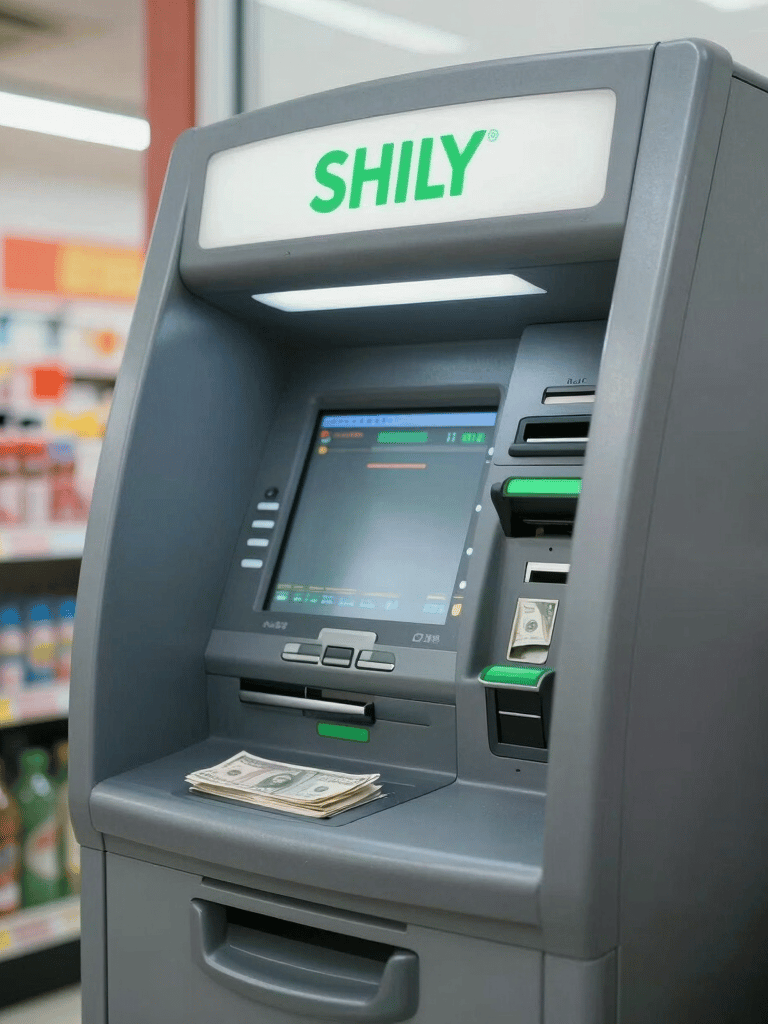 A high-quality close-up photograph of a modern ATM machine in a well-lit North American convenience store, featuring money green accents and professional lighting.