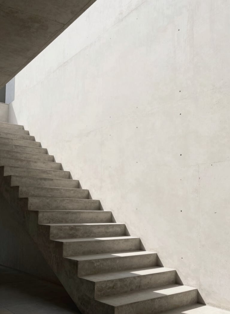 Faint, high-key architectural photography of a concrete stairwell with sharp geometric shadows, very low opacity against an off-white background, reflecting international studio-grade aesthetics.