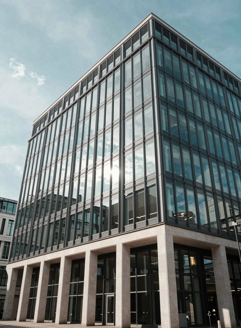 A professional wide shot of a modern glass-fronted office building in a British city, reflecting a clear light blue sky. The architecture is sleek with steel and off-white stone accents, conveying a corporate and trustworthy atmosphere.