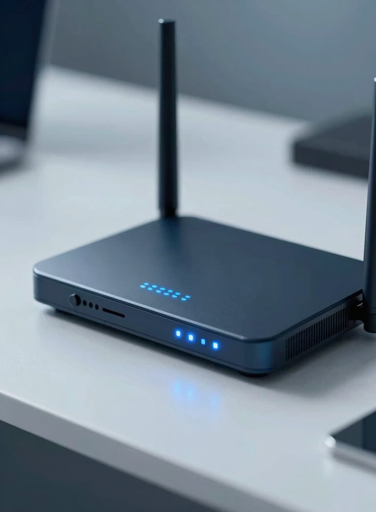 A close-up shot of a sleek, modern internet router with glowing blue LED indicators on a clean desk. The lighting is professional and soft, incorporating a palette of #0A192F and #ADC8CD to convey reliability and advanced technology.