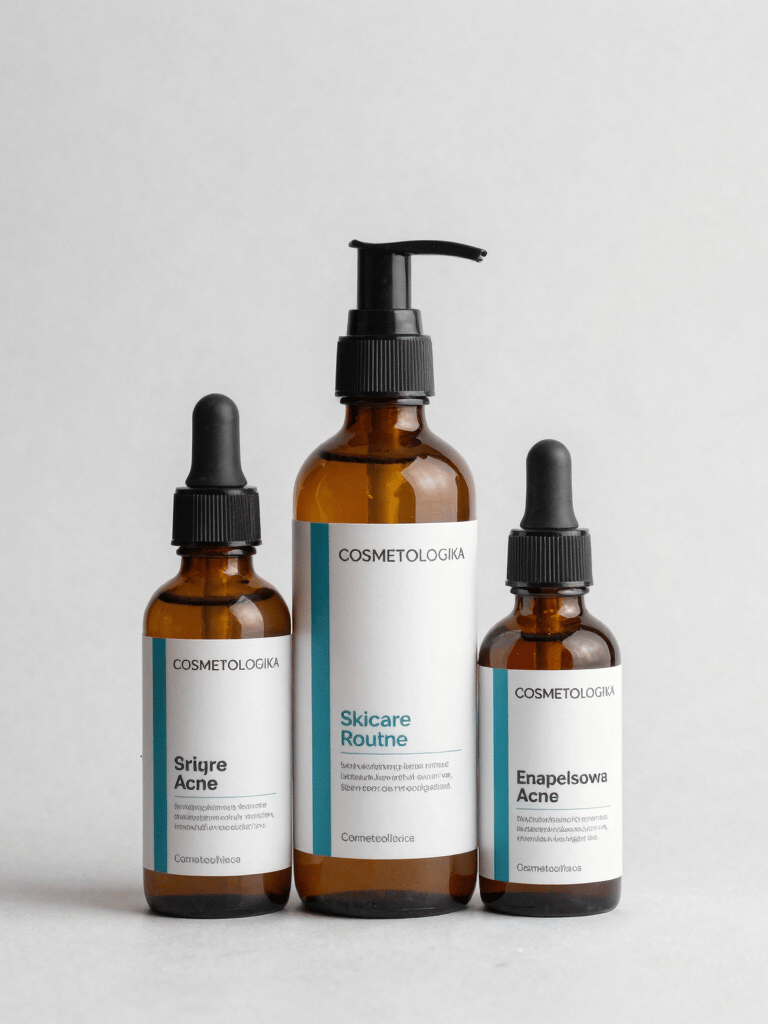 A neat display of various skincare serums and lotions arranged on minimalist shelves