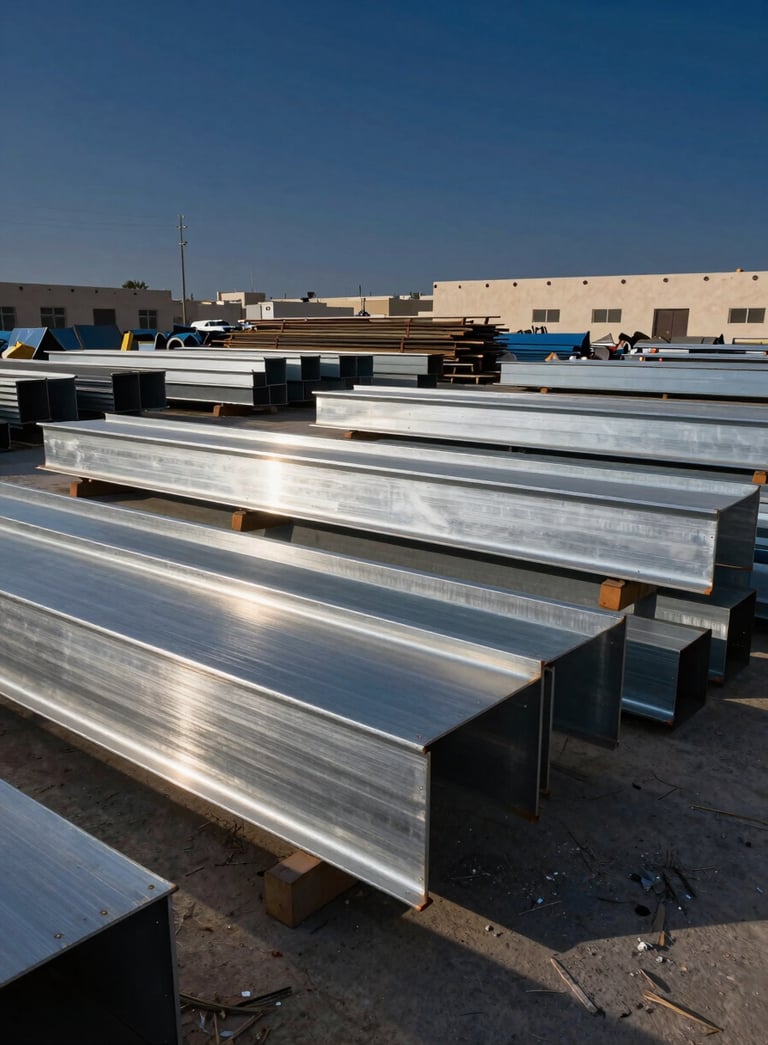 A wide-angle shot of a clean, organized industrial scrap yard in the Dammam area of Saudi Arabia, with metallic silver steel beams stacked neatly, sunlight reflecting off polished surfaces, professional atmosphere, midnight navy and industrial blue accents.