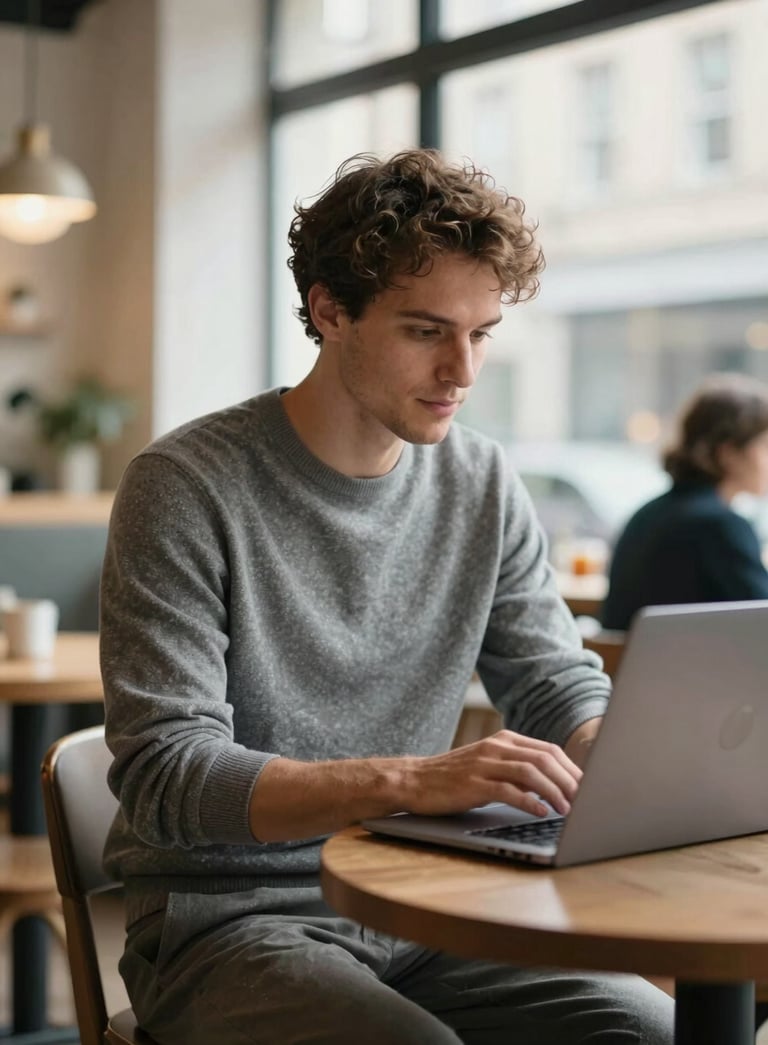 A professional entrepreneur working on a sleek laptop in a bright, modern British / UK cafe, wearing a slate grey outfit, soft natural lighting.