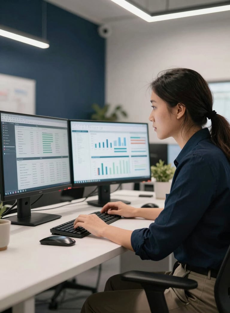 A focused digital marketing professional in a stylish North American office workspace, looking at a dual-monitor setup showing marketing analytics. The lighting is clean and professional, with accents of dark navy and off-white in the modern interior design.
