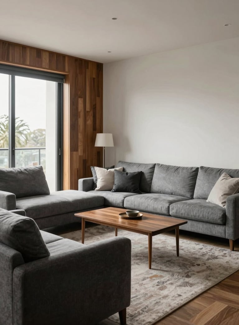 A wide-angle interior photograph of a light grey Australian apartment living room featuring brown timber accents and dark charcoal furniture, soft natural morning light.
