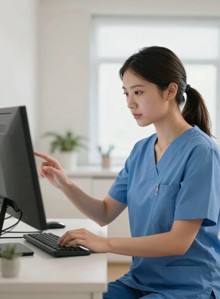 A professional nursing scene in a bright, modern Central European / German home. A caregiver in a Steel Blue uniform is attentively checking a monitor. The lighting is soft and reassuring, with accents of Soft Off-White and Light Sky Blue, projecting empathy and trustworthiness.