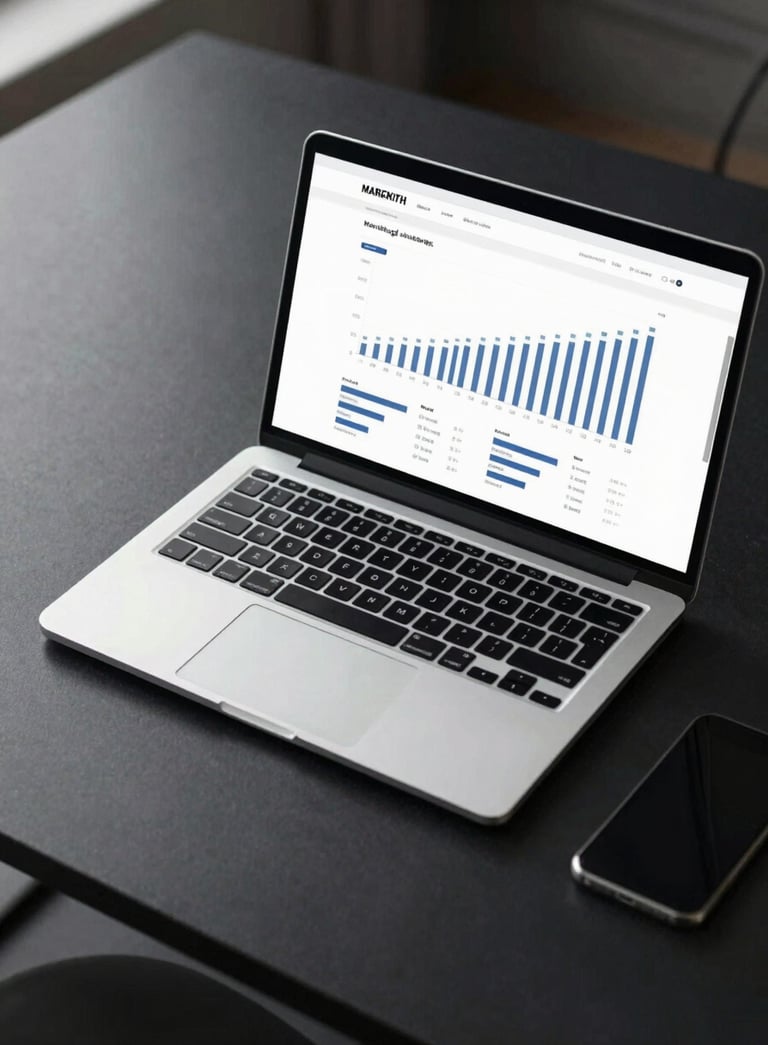 A top-down view of a minimalist black executive desk with a silver laptop displaying marketing growth charts. Lighting uses #F5F5F5 highlights to create a premium, high-tech aesthetic.