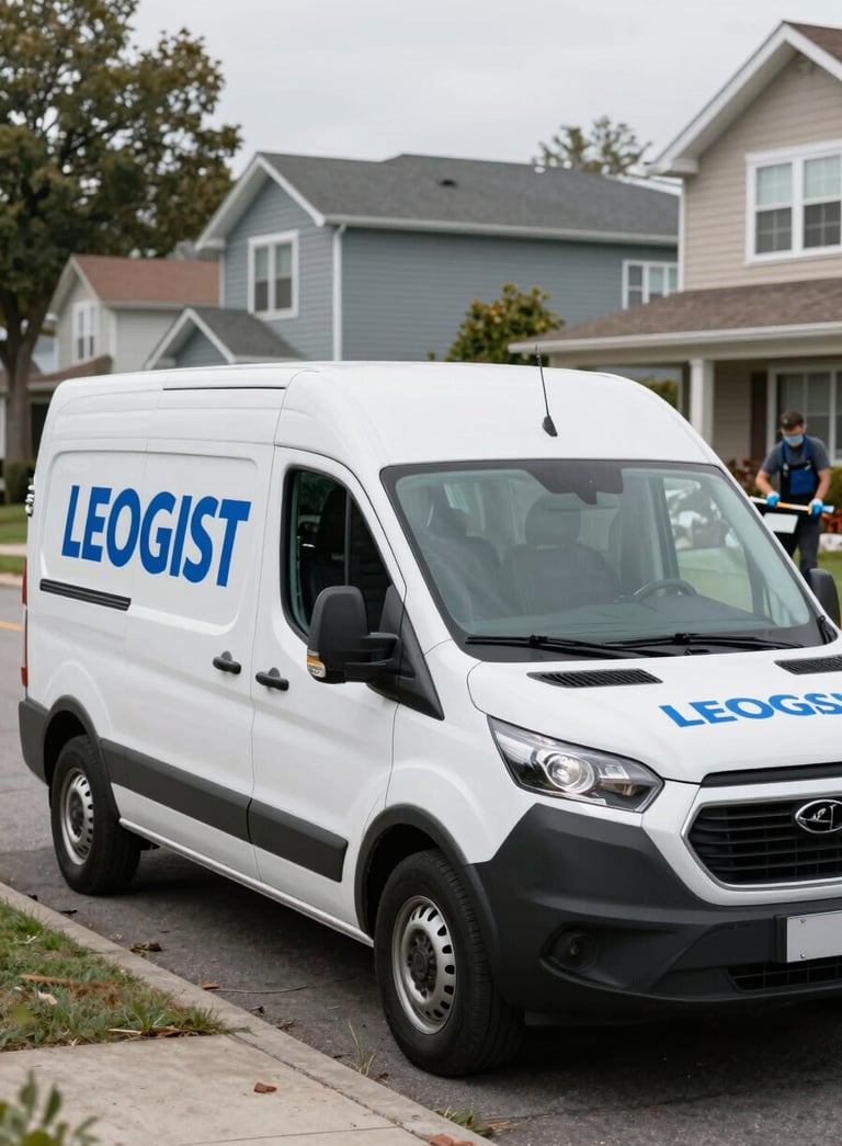A clean, white professional service van with blue branding parked on a quiet North American residential street. A technician is seen in the background unloading professional glass repair tools.