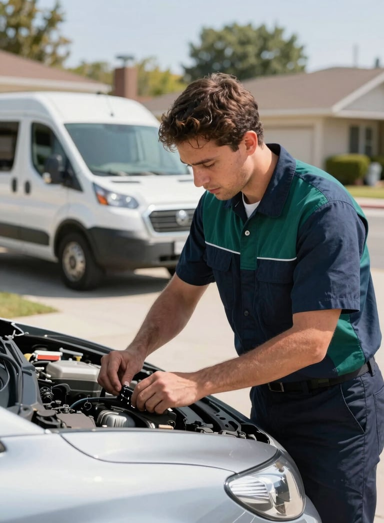 A professional mobile technician in a clean uniform with Dark Navy and Deep Teal accents working on a car in a sunny North American suburban driveway, bright daylight, modern service van in the background, professional atmosphere.