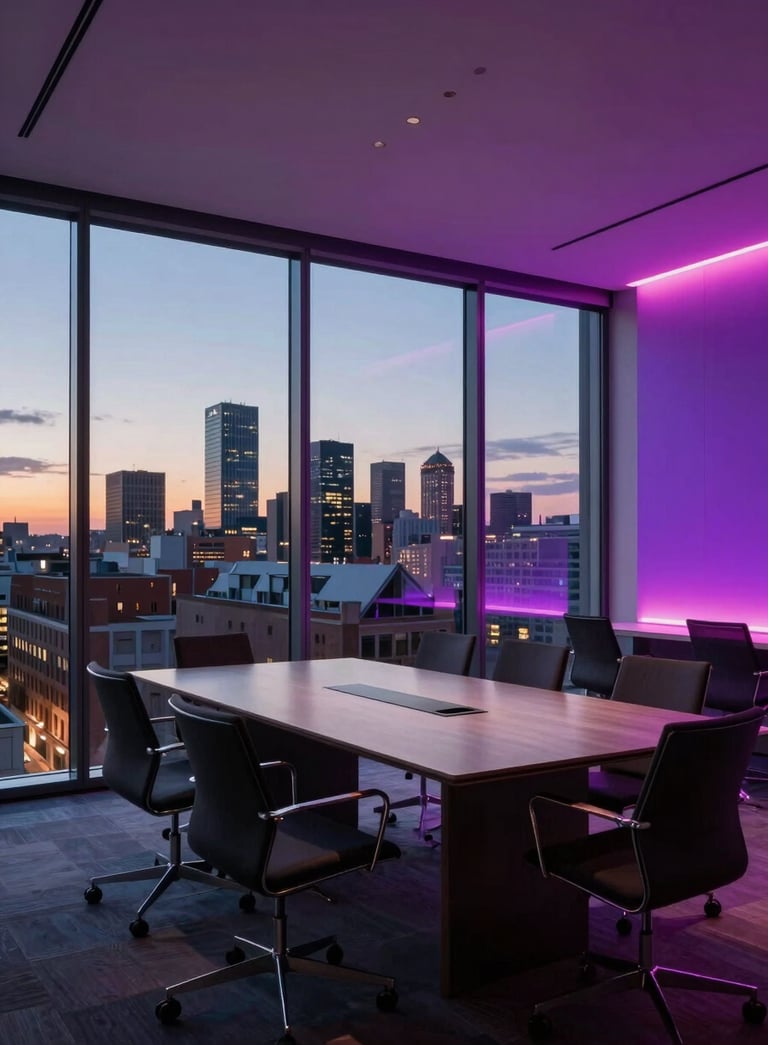 Modern corporate board room in Madrid with panoramic glass windows overlooking the skyline at dusk. Iberian / Spanish setting. The room is professionally lit with subtle neon fuchsia and deep purple accents on minimalist furniture. High-end sharp focus photography.
