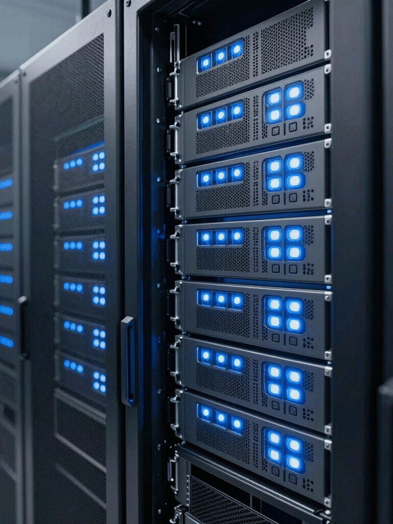 A close-up shot of a high-tech security server rack in a clean, modern data center, glowing muted blue and pale blue lights, sophisticated technological environment, professional photography.