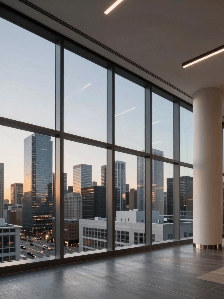A wide-angle, high-end photograph of a sleek commercial office interior in a North American / US city. Floor-to-ceiling windows overlook a modern skyline at dusk. Soft, warm lighting emphasizes a sophisticated and professional atmosphere.