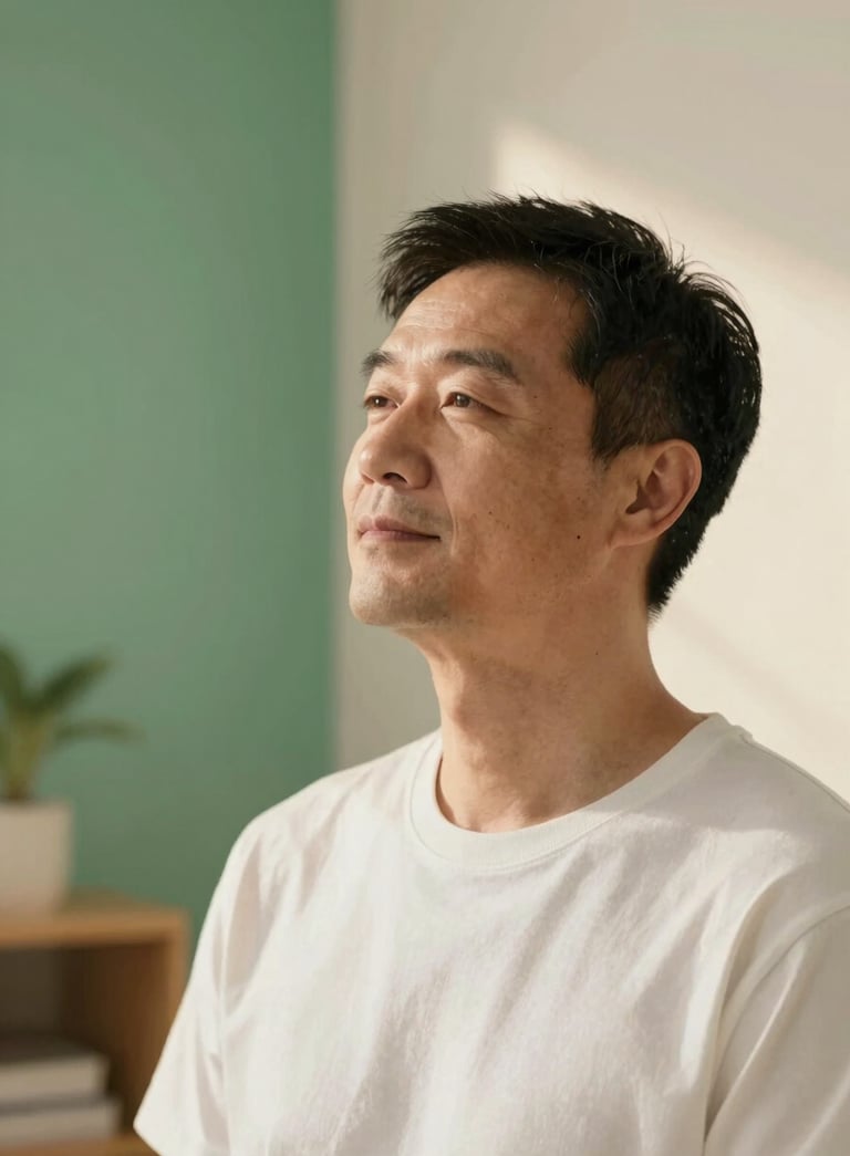 A serene, close-up shot of a healthy adult in their 40s looking peaceful in a bright, sunlit room. Soft emerald green accents in the background, warm beige walls, and subtle gold highlights from the natural sunlight. Minimalist and calm atmosphere, modern photography.