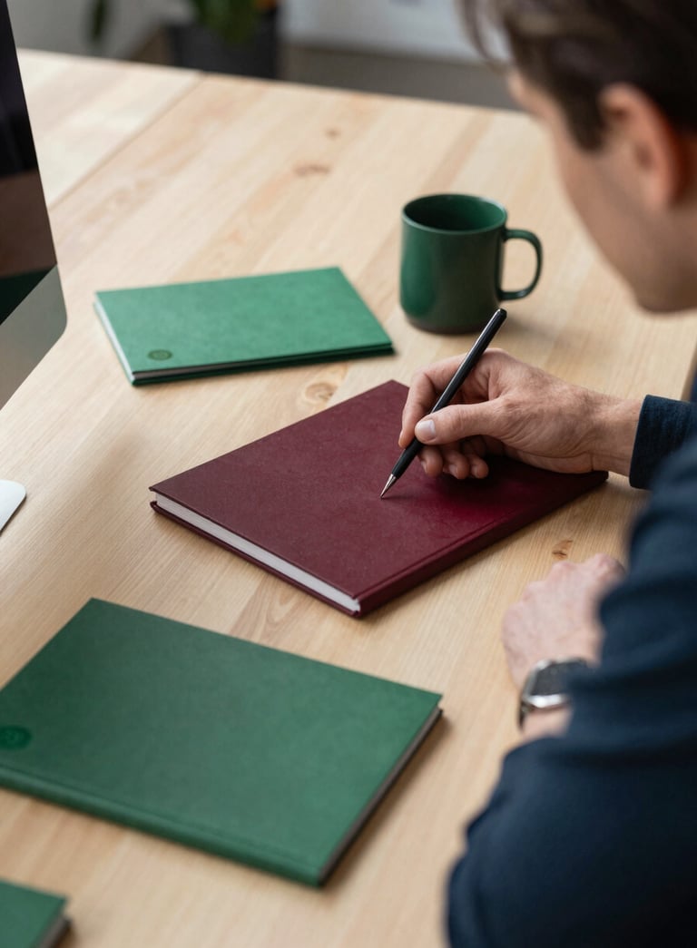 A professional in a modern Northern European / Scandinavian office setting, sitting at a desk made of light wood, planning social media content with deep ripe crimson and matte forest green stationery, bright morning light.