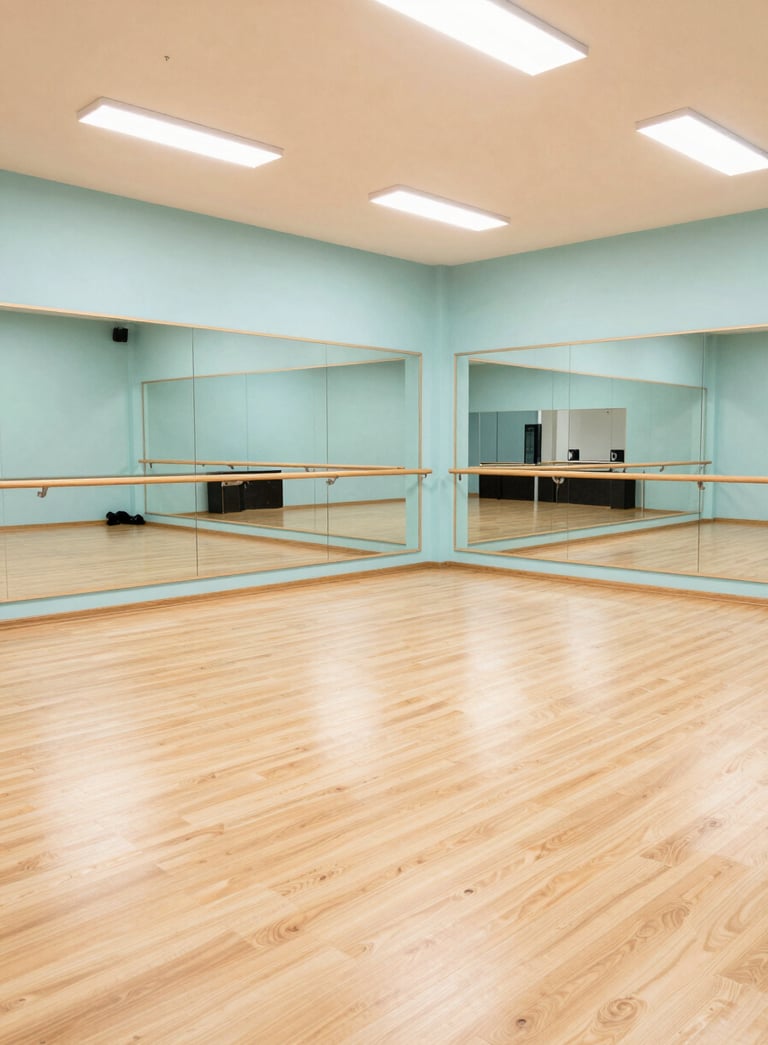 A wide, bright professional dance studio in a Spanish / Latin American city, featuring light wood floors and mirrors reflecting a sense of growth and professional efficiency, Soft Aqua accents.