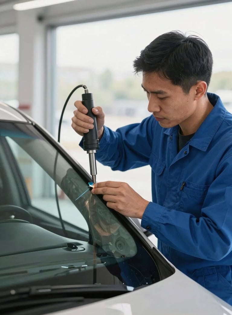 A professional North American technician wearing a clean blue uniform, working on a vehicle windshield in a bright, modern setting. The technician is using a specialized precision tool for repair, illuminated by natural morning light, conveying a sense of innovation and expert craftsmanship.