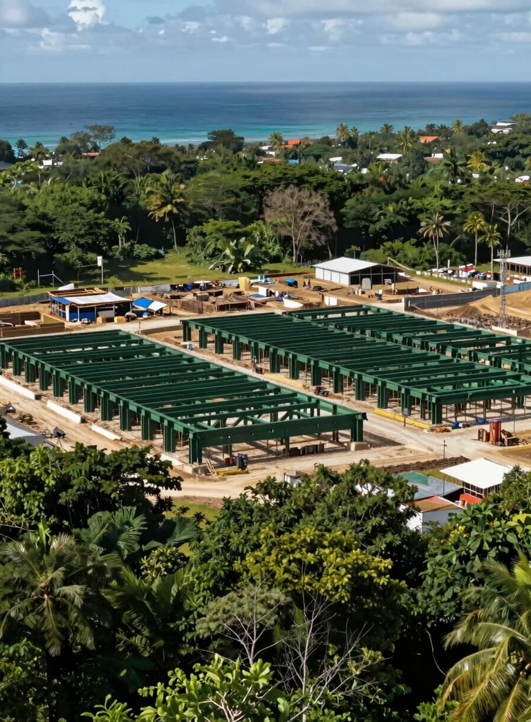 A wide-angle, professional photograph of a large-scale construction site in a lush Caribbean / Jamaican coastal landscape, featuring structural beams in dark forest green.