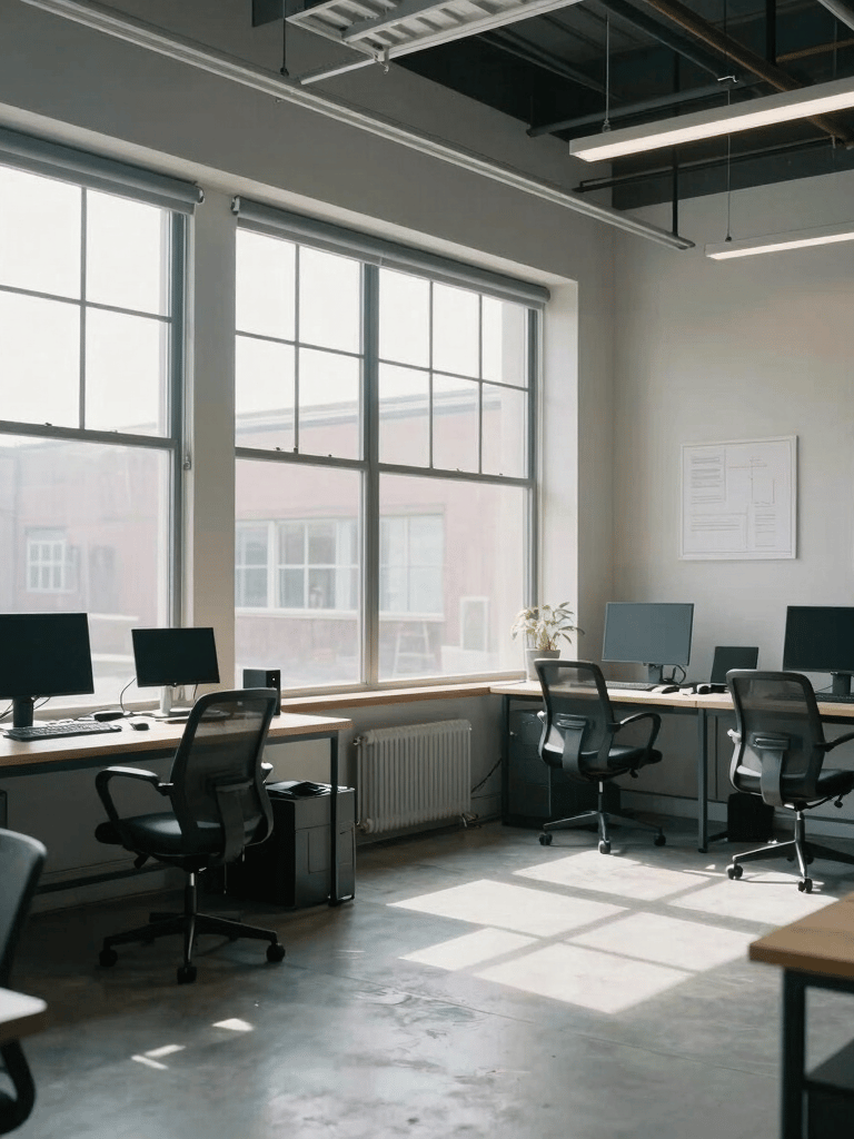 A bright, modern North American creative studio with expansive windows, natural light, and professional workspaces featuring soft grey and blue accents.