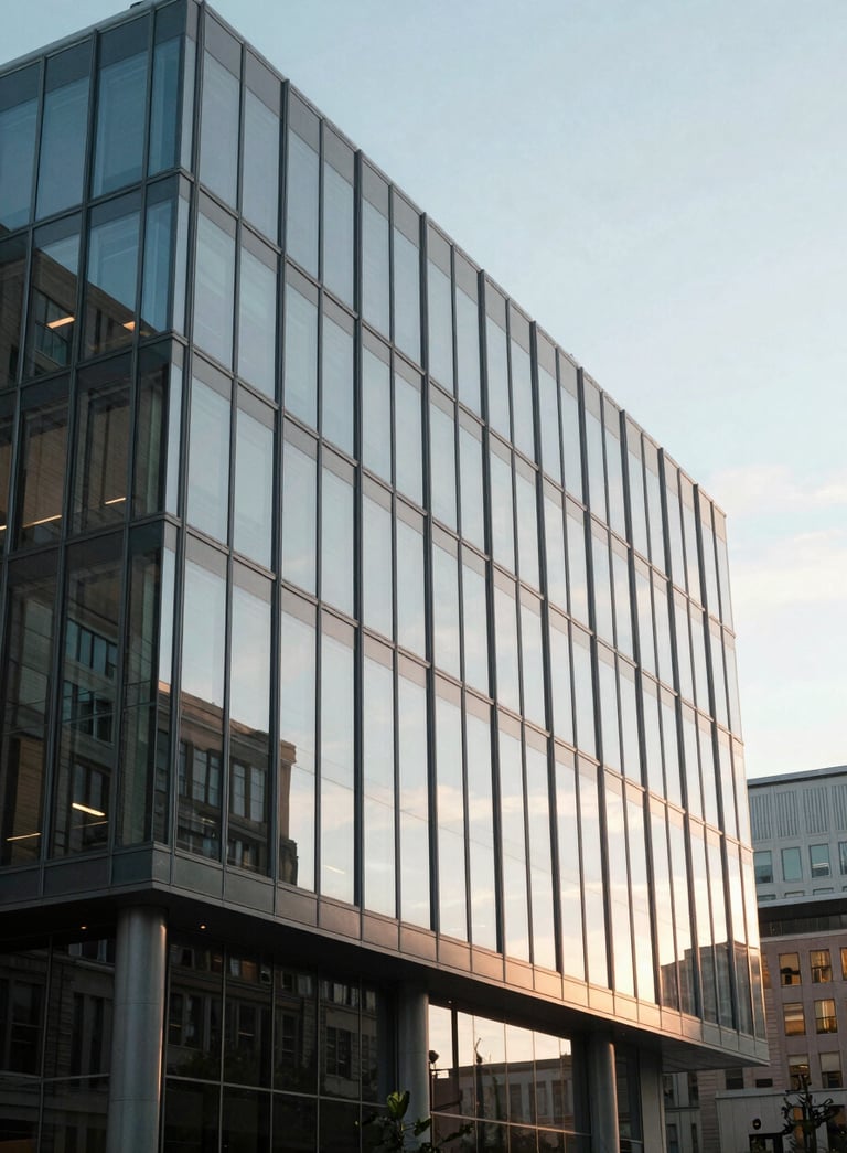 Clean, minimalist photography of the exterior of a modern glass office building in a North American city, soft morning light, reflecting a clear sky, professional and sophisticated atmosphere.