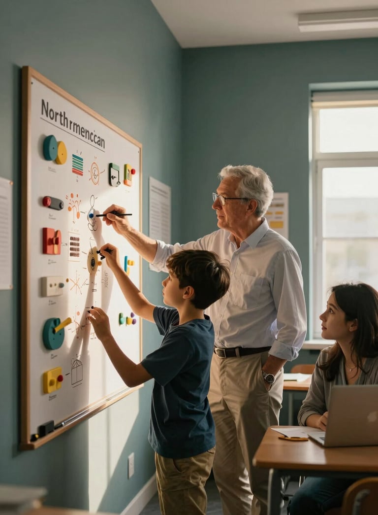 A warm, sunlit North American classroom where a supportive instructor and a student are engaged with a tactile learning board. The composition follows the rule of thirds with the subjects on the right. The lighting is soft and golden, highlighting a professional and inviting atmosphere with subtle dark teal and off-white accents in the room decor.