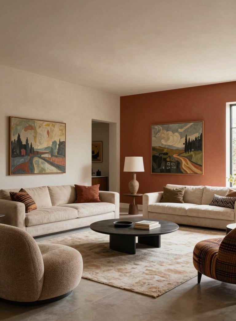 A professional wide-angle shot of a spacious living room being transformed. The walls are a mix of soft sand and deep terracotta. The room is filled with natural light, featuring elegant South American furniture. High-end residential painting context.