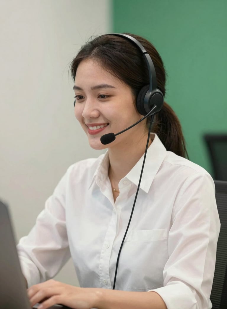 A professional customer support agent in a modern Southeast Asian / Indonesian office wearing a headset, smiling, clean background with off-white and medium forest green accents, bright lighting.
