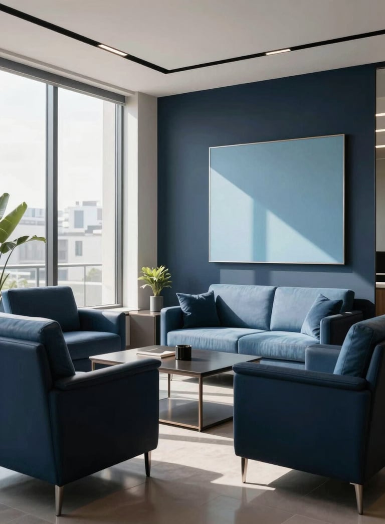 A refined South American corporate lobby with clean lines and modern furniture, featuring deep navy and light blue accents, natural sunlight streaming through large windows, high-end photography.