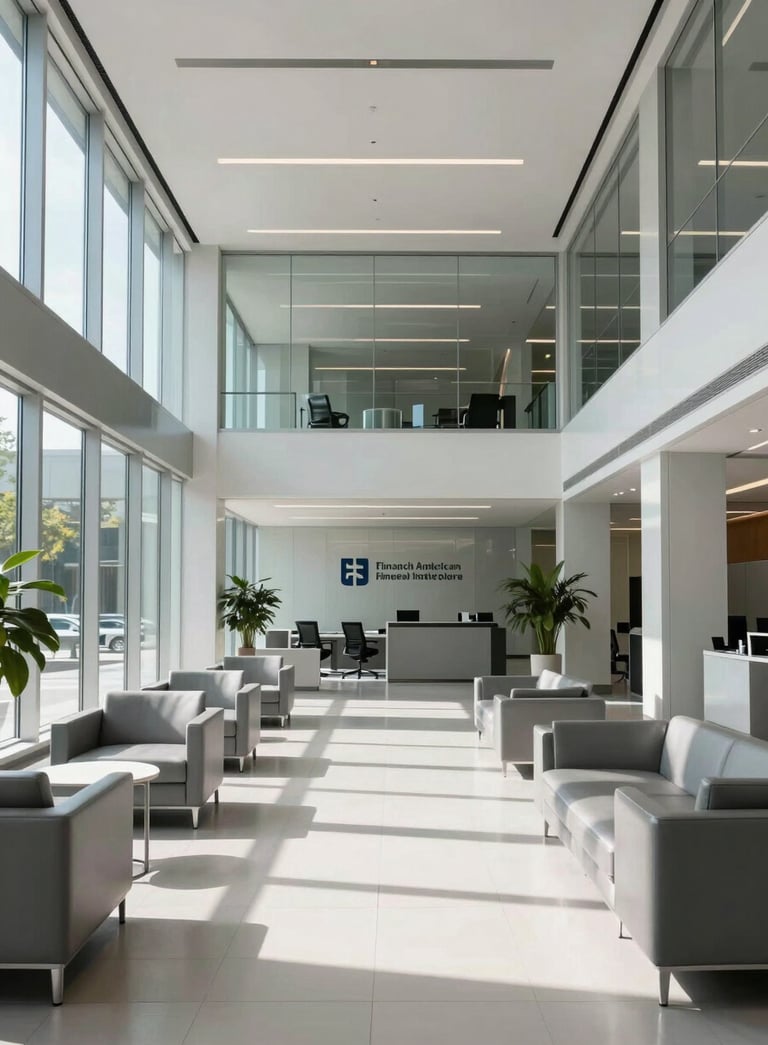 A wide-angle shot of a minimalist, sun-drenched North American / US corporate lobby with glass walls and silver grey furniture. The scene is clean, spacious, and reflects a trustworthy financial institution.