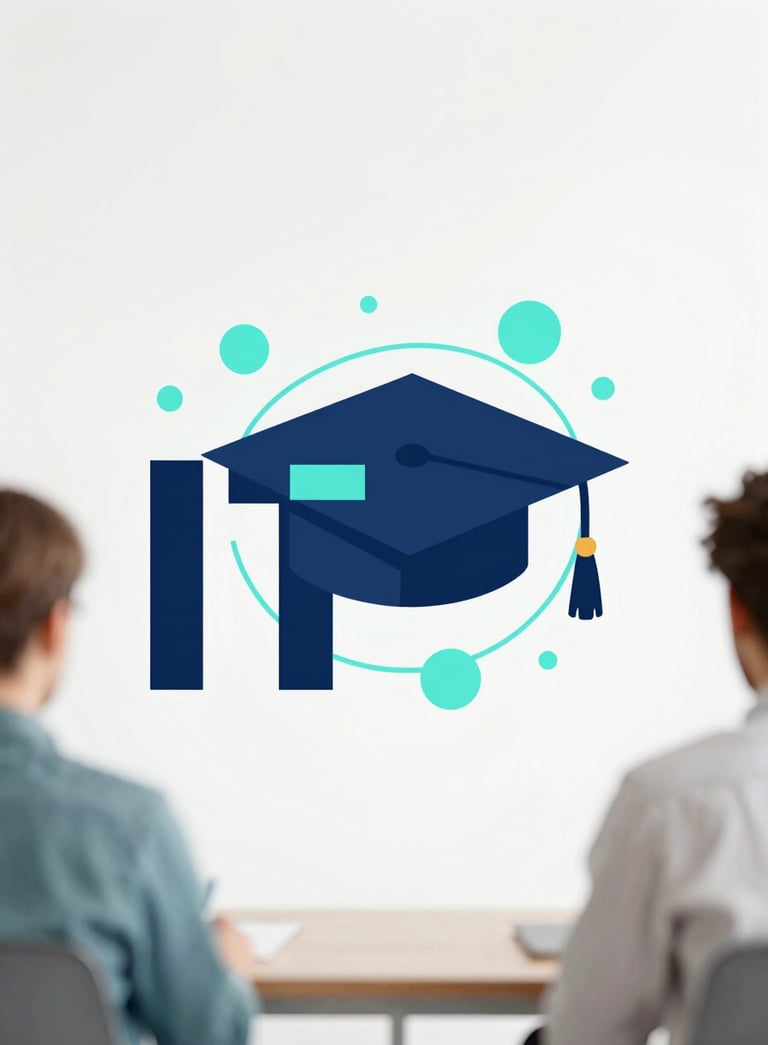 A modern digital illustration representing IT education, featuring abstract connectivity lines and a graduate cap, using a palette of #0A192F and #A7D9D9 against a clean background.