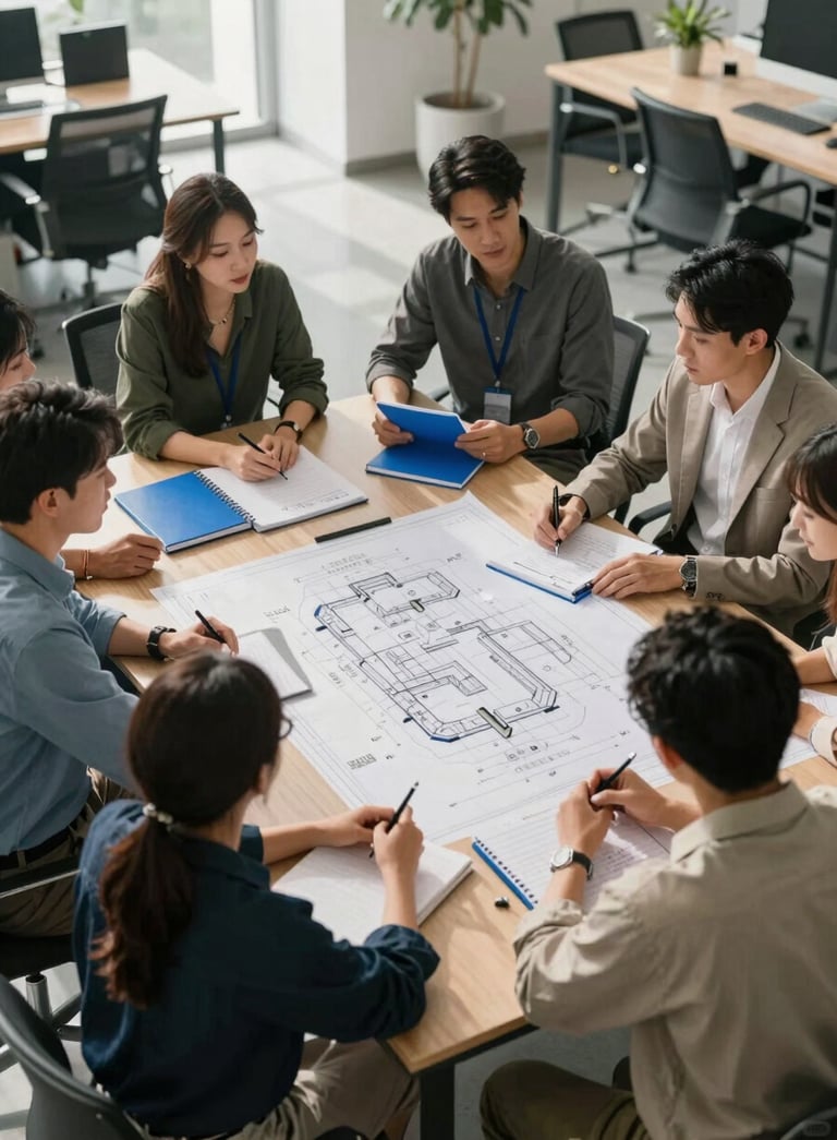 A high-angle photo of a modern office meeting. A group of professionals in casual business attire are gathered around a table with large blueprints. Accents of royal blue are visible in the office decor and notebooks. Soft, natural morning light.
