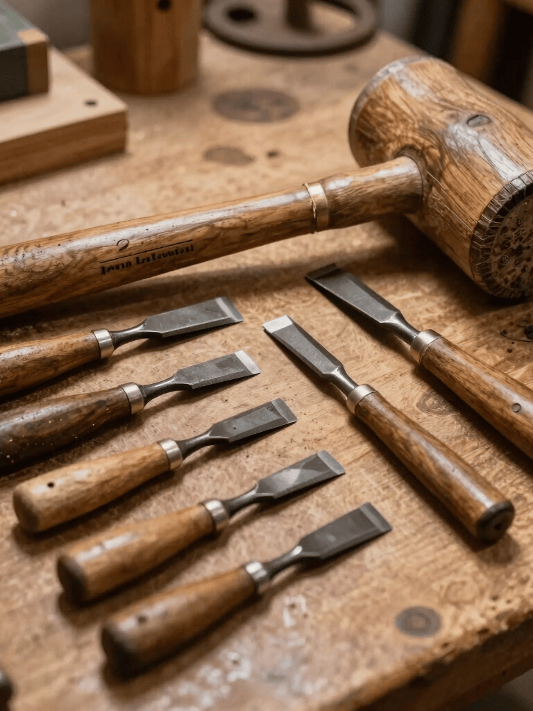 A set of vintage wood carving chisels and a wooden mallet arranged neatly on a rustic workbench. Warm ambient lighting, professional photography, European workshop setting.