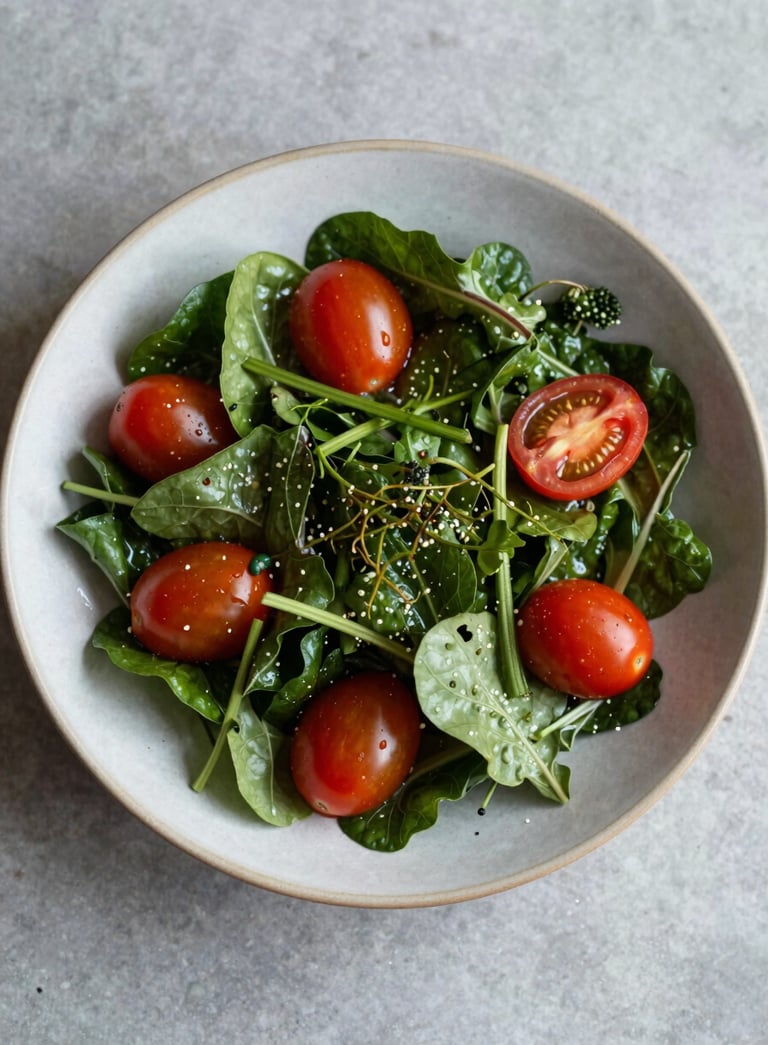 A top-down, Scandinavian-style food photograph in a Western / European-influenced home, featuring an artisanal salad with Matte Forest Green leaves and Deep Ripe Crimson tomatoes on a Crisp Parchment ceramic plate. Soft, natural side lighting.