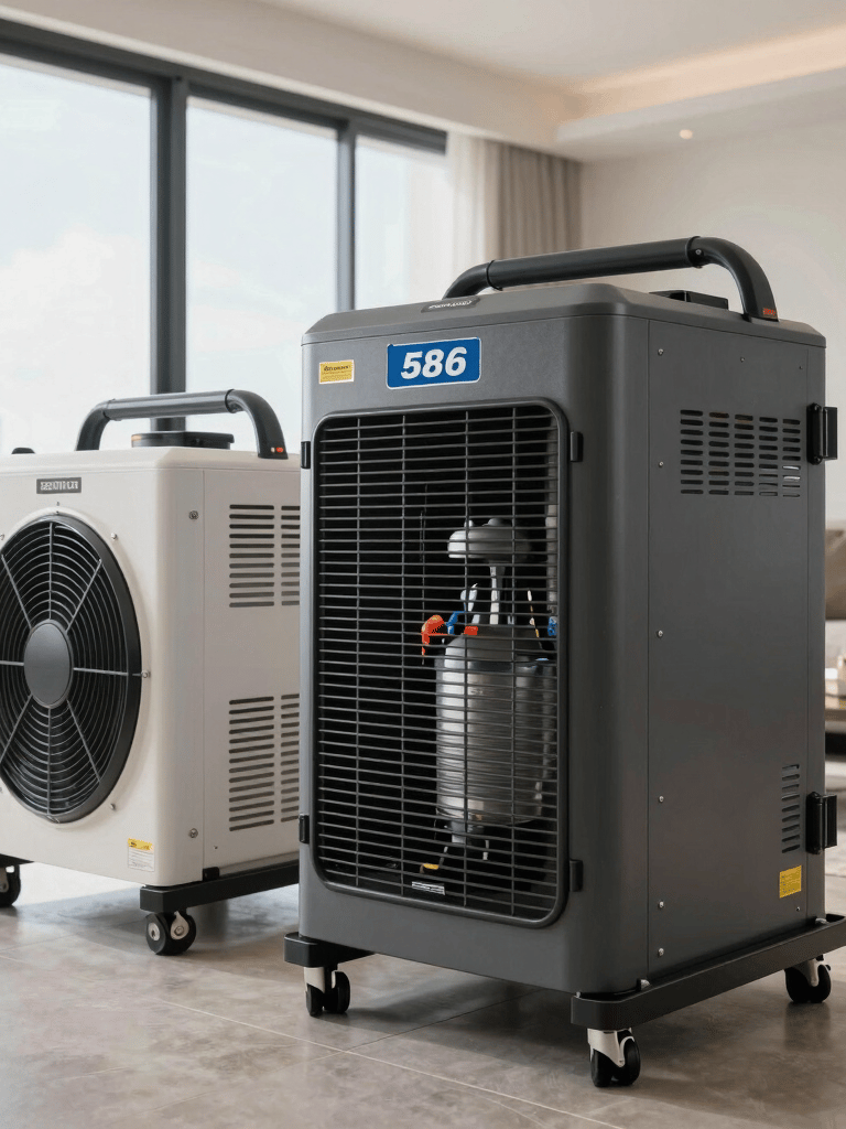 Professional industrial air movers and dehumidifiers running in a modern Miami apartment living room, bright daylight, high-quality photography, sharp focus.