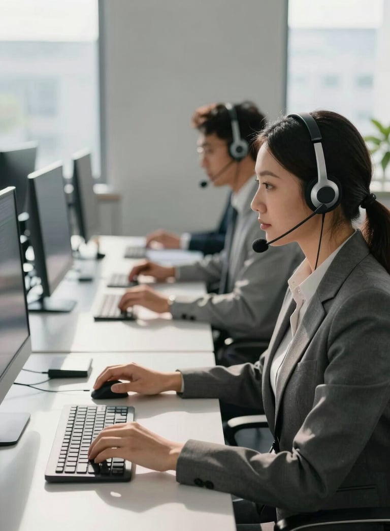 A professional South American corporate office setting with tidy workstations, high-tech headsets, and soft sunlight coming through windows, reflecting a modern and efficient business environment in light gray and dark gray tones.