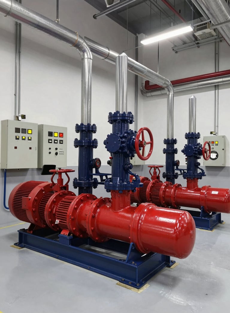 A wide-angle professional photograph of a high-tech industrial fire pump room in Istanbul. The scene features large red pump units, intricate steel piping, and Tornatech control panels mounted on the walls. The floor is a clean, reflective light grey. Lighting is bright and even, highlighting the Deep Navy and Steel Blue metallic textures of the machinery.