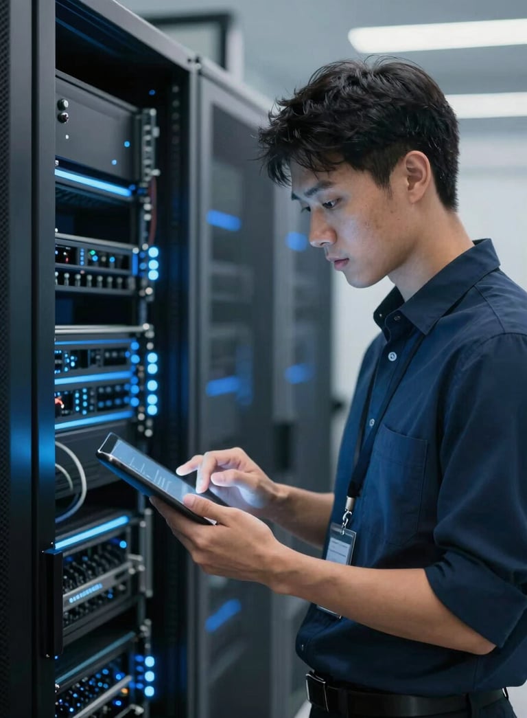A professional IT technician in a clean corporate environment, examining a tablet while standing in front of a modern server rack with glowing blue lights. The mood is sophisticated and reliable, utilizing a palette of #0E1B2C and #8BAAC7.