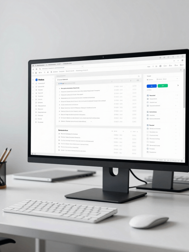 A minimalist, high-end North American office setup featuring a large professional monitor displaying clean data visualizations, soft desk lighting, and a sophisticated white and navy color palette.