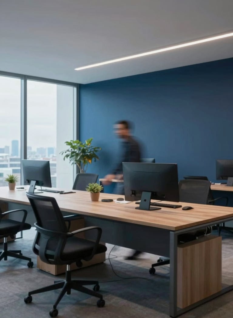 A dynamic shot of a modern workspace with blurred motion suggesting speed and efficiency, accented with deep midnight blue and soft sky blue tones, South American / Brazilian office interior.