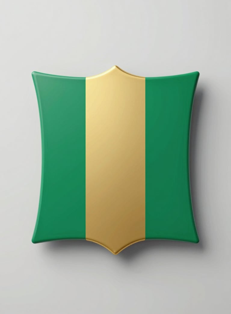 A high-quality 3D render of the Nigerian Coat of Arms, featuring a gold and deep green finish (#0A2A1A). The composition is centered and symbolic, exuding professionalism and national pride with soft studio lighting.