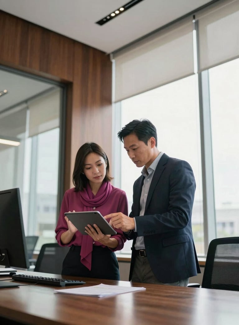 A low-angle photography shot of two professionals in a North American / US tech office, collaborating over a tablet. The space is modern and bright, with large windows. One professional wears a Deep Rose scarf, and the interior features Dark Mahogany wood accents, reflecting a trustworthy and forward-thinking environment.