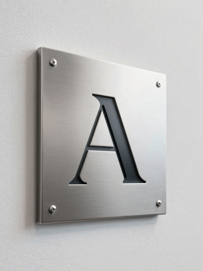 A premium minimalist close-up of a high-end metal logo plate mounted on a white textured wall, showing sharp edges and sleek design in a professional Southeast Asian office setting.