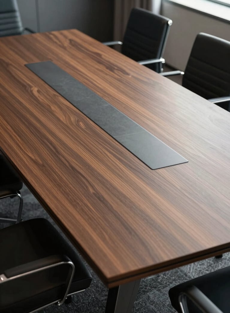 A high-angle professional photograph of a minimalist mahogany and slate-grey conference table in a North American / US executive suite, flooded with soft natural light.
