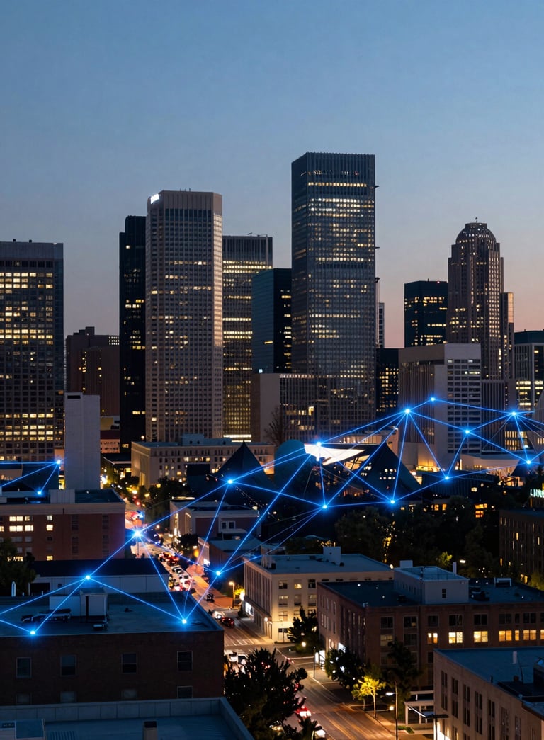 A wide-angle evening shot of the Denver skyline, where subtle glowing electric blue digital lines and nodes form a network pattern over the urban architecture. Modern North American / US cityscape with crisp white light and deep navy shadows.