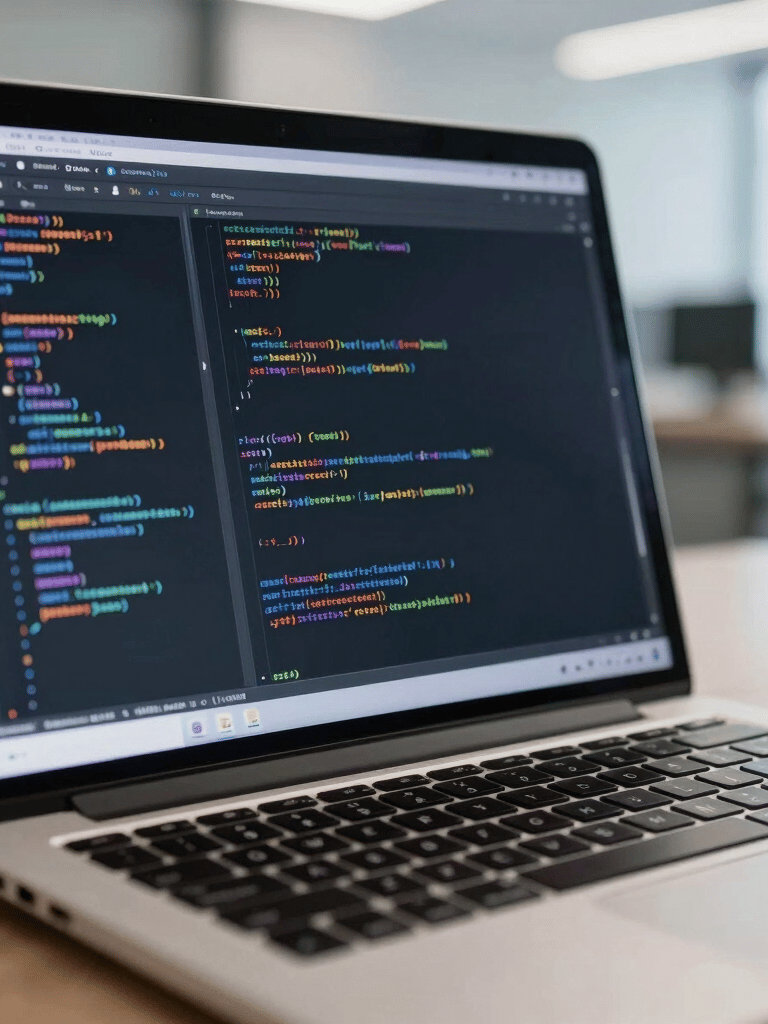 Close-up photography of a high-resolution laptop screen in a bright, modern North American office, showing lines of code with a focus on precision and digital security.