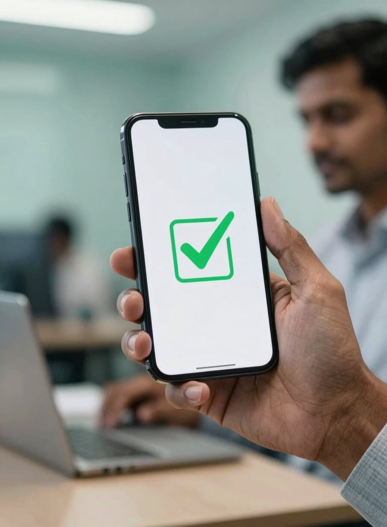Close-up photography of a smartphone showing a secure verified checkmark, held by a professional in a South Asian / Indian office setting, soft teal lighting and professional atmosphere.