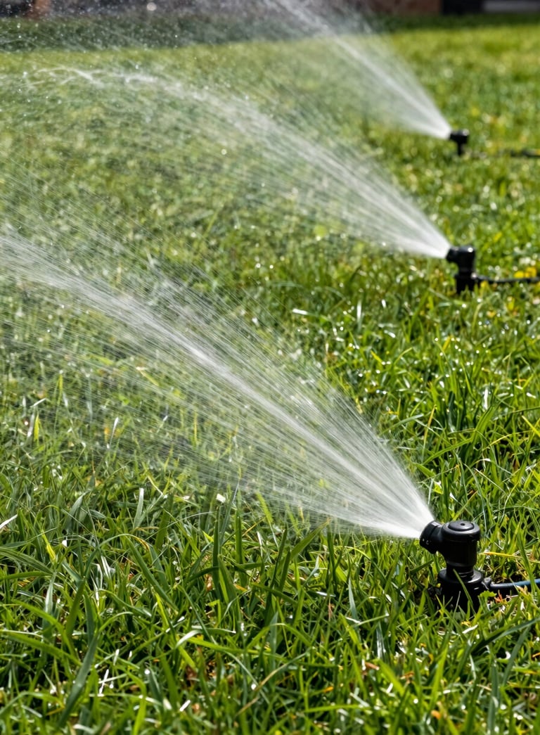 A crisp, high-resolution photograph of a vibrant green North American residential lawn. A series of pop-up irrigation heads are active, spraying a fine, controlled mist of water across the grass during a bright morning. The composition is clean and professional.