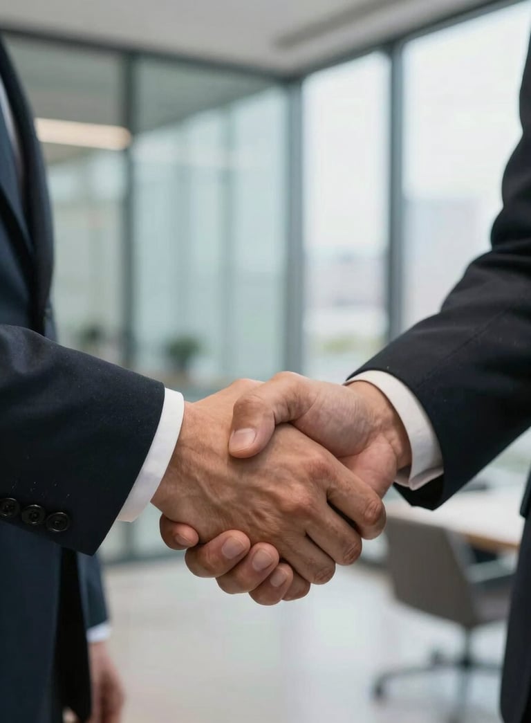 A close-up of a firm handshake between two professionals in business attire, set against a blurred background of a modern South American office with high-end glass windows and soft natural lighting. The scene conveys reliability and professional agreement.