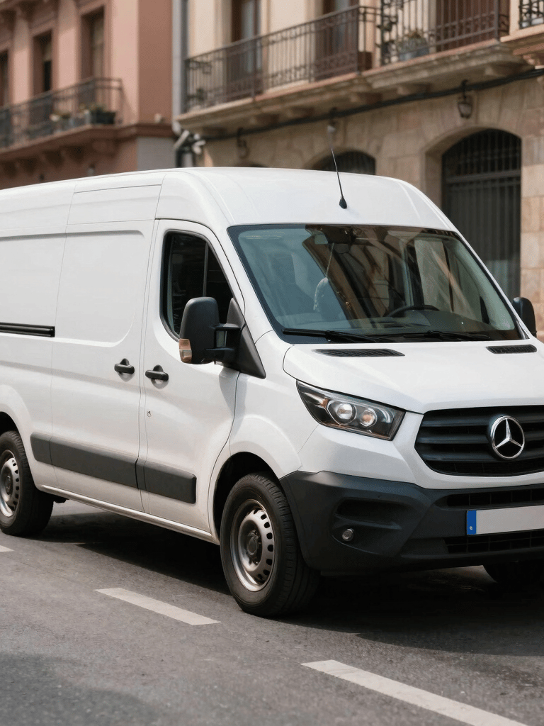Photography of a clean white removal van with steel blue accents parked on a sunny street in Santander, Spain. Professional and efficient mood, European / Spanish city background.